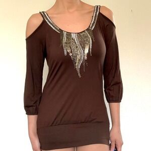Y2K Brown Beaded Cold Shoulder Top